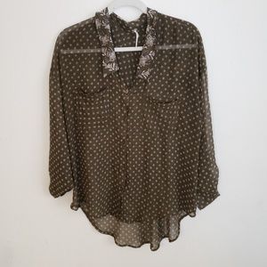 Free People Patterned Olive Green Button Up